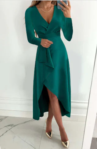 Chiffon V-Neck Short Sleeve Tie Waist Dress