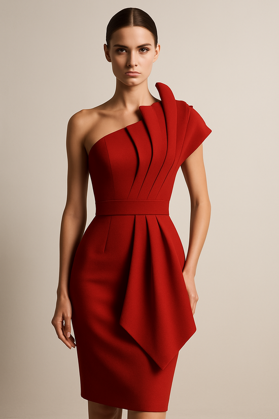 Memoriesea Womens Elegant One Shoulder Pleated Detail Bodycon Party Club Midi Dress Red