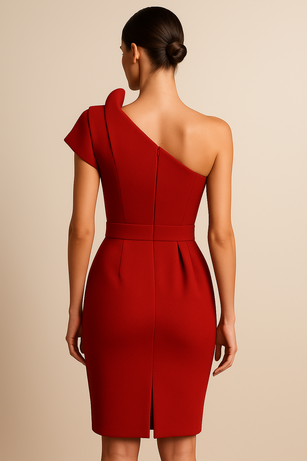 Memoriesea Womens Elegant One Shoulder Pleated Detail Bodycon Party Club Midi Dress Red