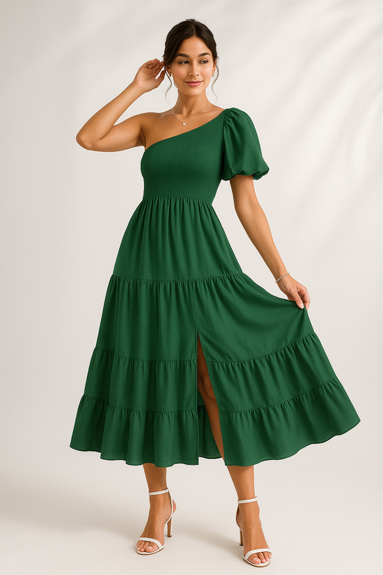 ZESICA Womens Boho Summer One Shoulder Short Sleeve Smocked Side Split Ruffle Swing Midi Dress Forest Green M