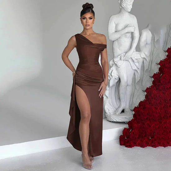 Satin Split Dress with Fishbone Girdle Design